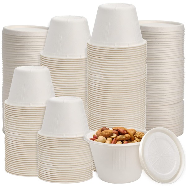 SOUJOY 100 Pack Disposable Cups with Lids, 4.5Oz Bagasse Compostable Ice Cream Cup, Condiment Portion Sample Container for Sauce Salad Dressing or Souffle