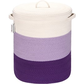 Sea Team Large Size Cotton Rope Woven Storage Basket with Lid, Lidded Laundry Hamper with Handles, Fabric Bucket with Cover, Clothes Toys Organizer for Kid's Room, 16 x 20 inches, White & Lavender