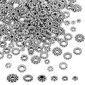 HOBBIESAY 300Pcs 6 Styles Tibetan Alloy Spacer Beads Antique Silver Bead End Caps Snowflake Daisy Metal Jewelry Rondelle Gear Bicone Loose Beads for Bracelet Necklace Making