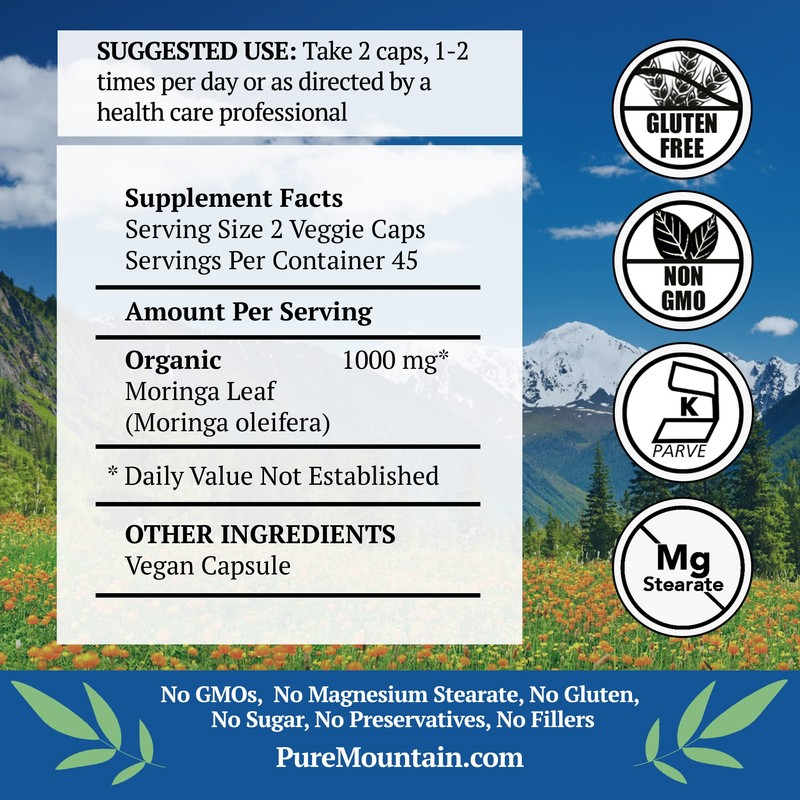 Pure Mountain Botanicals Moringa Leaf Capsules - Kosher Vegan Formula