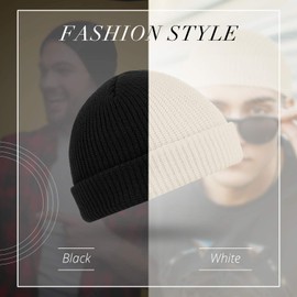 Satinior Unisex Trawler Beanie Hat Fleece Watch Cap Roll-Up Brim Winter Skully Hat - Pack of 2 - black white