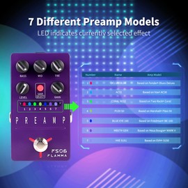 FLAMMA FS06 Pedal de preamplificador digital de efectos de guitarra, con simulación de gabinete integrado, 7 modelos preestablecidos conservables