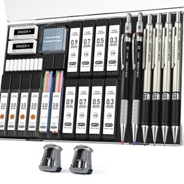 Four Candies 27PCS Art Mechanical Pencil Set with Case, 4PCS Metal Drawing Pencil 0.3, 0.5, 0.7, 0.9 mm & 2PCS 2mm Lead Holder (HB 2H 2B 4B Color) with 552 Graphite Lead Refills for Drawing Sketching