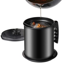 Cambom Bacon Grease Container with Fine Mesh Strainer, 1.3 L almost 6 Full Cups Iron Cooking Oil Can with Removable a Coaster Tray for Kitchen Fat Storage Black