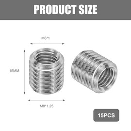 15 threaded inserts, threaded sleeve, M8 to M6 x 15 mm thread adapter, slotted design, corrosion resistant and rust resistant, robust and durable, suitable for many places