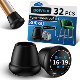 Ø16-19mm Metal Chair Leg Floor Protectors - Puncture-Proof Rubber Chair Leg Caps - 32 Pcs Round Black Covers - Small Rubber Feet Tips Ferrule Stopper