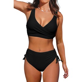 Women's High Waisted Bikini Twist Front Tie Back 2 Piece Swimsuits, Black, X-Large