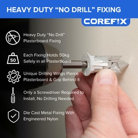 Corefix Spike Heavy Duty Plasterboard Fixings 8 Pack, DIY Kit with M5x40mm Screws. Easy to Install with NO Drill Required. Drywall Anchor, Wall Plug Alternative Suitable for All Plasterboard Types.