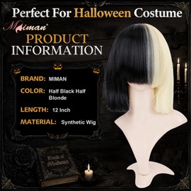 Half Blonde and Black Wig 2 Tone Hair Short Straight Cosplay Wig for Women Halloween Costume