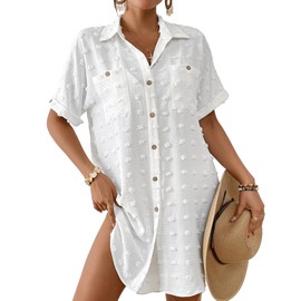 Bsubseach Swimsuit Coverup for Women Swiss Dot Bathing Suit Swimwear Button Down Beach Shirt Cover Up Resort Wear White XL