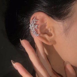 Inilbran Boho Rhinestone Pearl Ear Cuff Wrap Earring Silver Crystal Butterfly Cartilage Cuff Earrings Vintage Pearl Ear Cuff Climber Earrings Bling CZ Pearl Helix Earrings (Right)