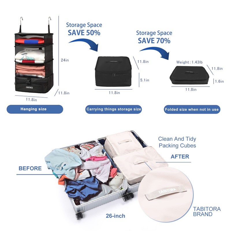 TABITORA Portable Hanging Travel Shelves Bag Packing Cube Organizer Suitcase