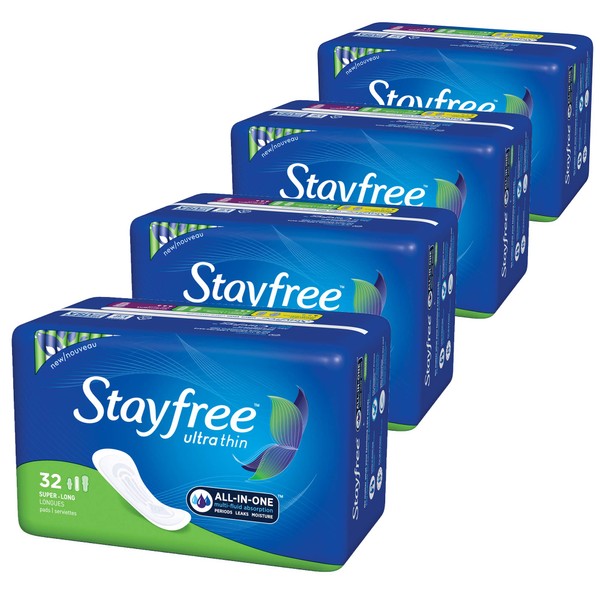 Stayfree Ultra Thin Pads for Women, Super Long, Wingless, 32 Count - Pack of 4