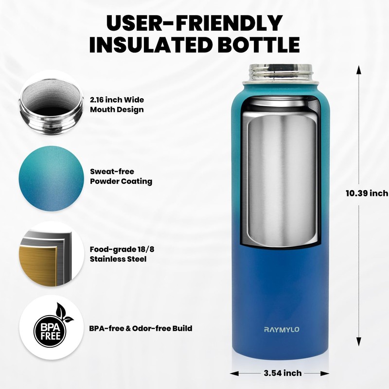RAYMYLO Insulated Water Bottle 40 oz, Triple Wall Vacuum Stainless