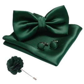 JEMYGINS Men's Bow Tie Satin Bow Tie and Pocket Square with Cufflinks Sets, Dark Green (7)