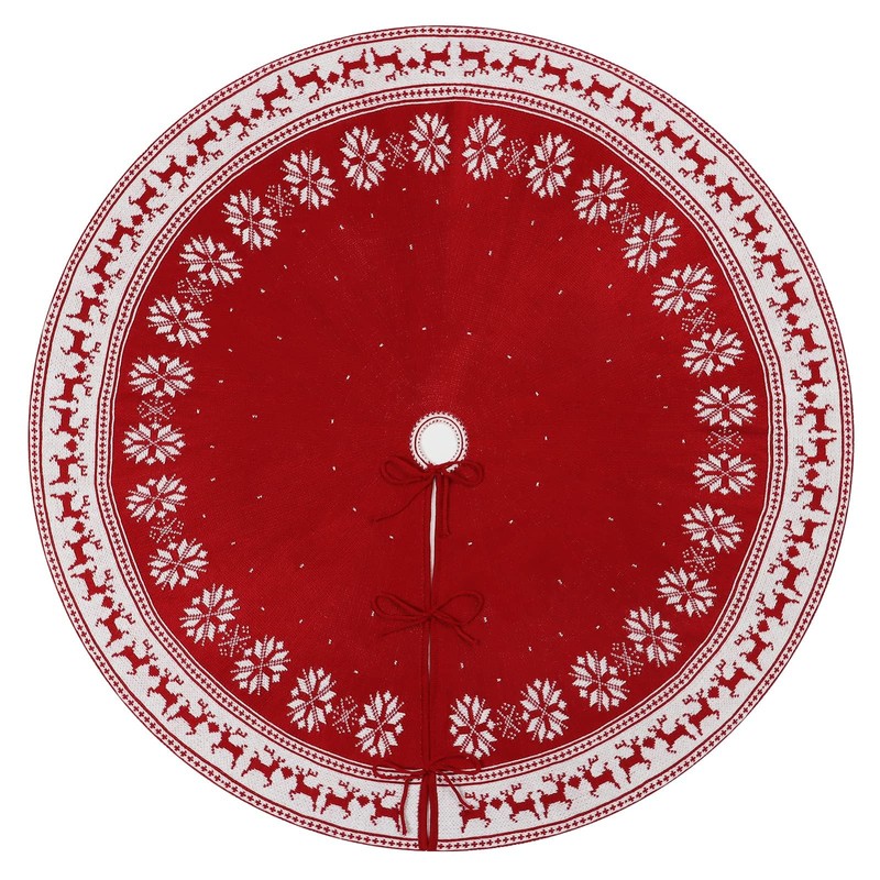 ZANZER Christmas Tree Skirt Rustic Red & White Knitted Xmas