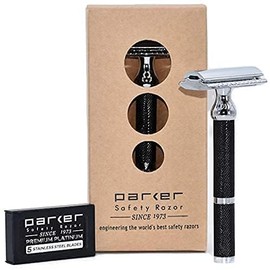 Parker Safety Razor, 71R - Maquinilla de afeitar de seguridad (mango largo, doble filo, 5 cuchillas de afeitar Parker Platinum de acero inoxidable, mango de latón galvanizado negro