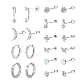 10 Pairs Silver Stud and Hoop Earrings for Women Men ​Plating Sterling Silver​ Earrings Trendy Cartilage Hypoallergenic Statement 20G