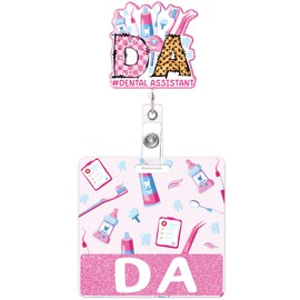 Badge Reel Retractable and Buddy, Dental Assistant Pink Badge Reel with Swivel Clip & DA Badge Buddy Horizontal, Dental Assistant Accessories Gifts