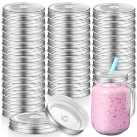 Mudder 50 Packs Mason Canning Jar with Straw Hole for Metal Regular Wide Mouth Jar Mason Canning Lids with Straw Hole Leak Proof Resuable for Drinking Silver Diameter 2.75 inches