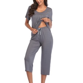COLORFULLEAF Womens Pajama Sets Summer Pjs Lounge Sets for Women Soft Sleepwear Top and Capri Pants with Pockets (Deep Grey, XL)