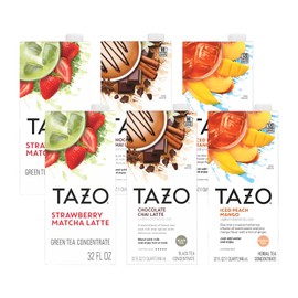 TAZO Tea Concentrate, Chocolate Chai Latte, Strawberry Matcha Latte, Iced Peach Mango 32 Fl Oz (2ea) (Variety Pack)