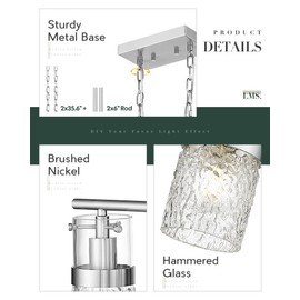 LMS 4-Light Brushed Nickel Island Chandelier Lights for Kitchen, Mid Century Pendant Light with Hammered Glass Shade, Farmhouse Dining Room Light Fixture, Kitchen Island, LMS-171BN-4