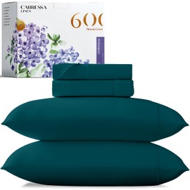 Carressa Linen Luxury Egyptian Cotton 4 PC Queen Size Sheet Set - 600 Thread Count Deep Pocket Fitted and Flat Sheets, Soft, Cooling Extra Long Staple Hotel-Quality Bedding with Sateen Weave - Teal