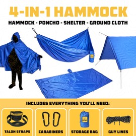 Wise Owl Outfitters 4-in-1 Camping Hammock – 400lbs Portable Hammock, Poncho, Ground Cloth, or Shelter Tarp – Backpacking, Hiking, Outdoor Camping Gear