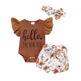 Twopumpkin Newborn Baby Girl Coming Home Outfit Rib Knit Bodysuit Romper Floral Shorts Pants Headband Newborn Girl Clothes (Summer Hello I'm New Here Brown, 0-3 Months)