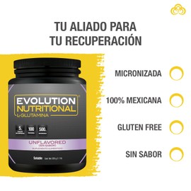EVOLUTION, L-Glutamina, Suplemento Alimenticio, Micronizada, Bote Natural, Sin Gluten, Sugar Free, Post Workout, Sin Sabor, 100 Porciones, 500g