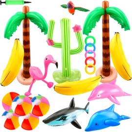 Cotiny 24 Pack Inflatable Palm Tree Flamingo Inflatable Beach Ball Cactus Shark Dolphin Banana Swim Ring Toss for Beach Party Hawaiian Party Decor Outdoor Activities