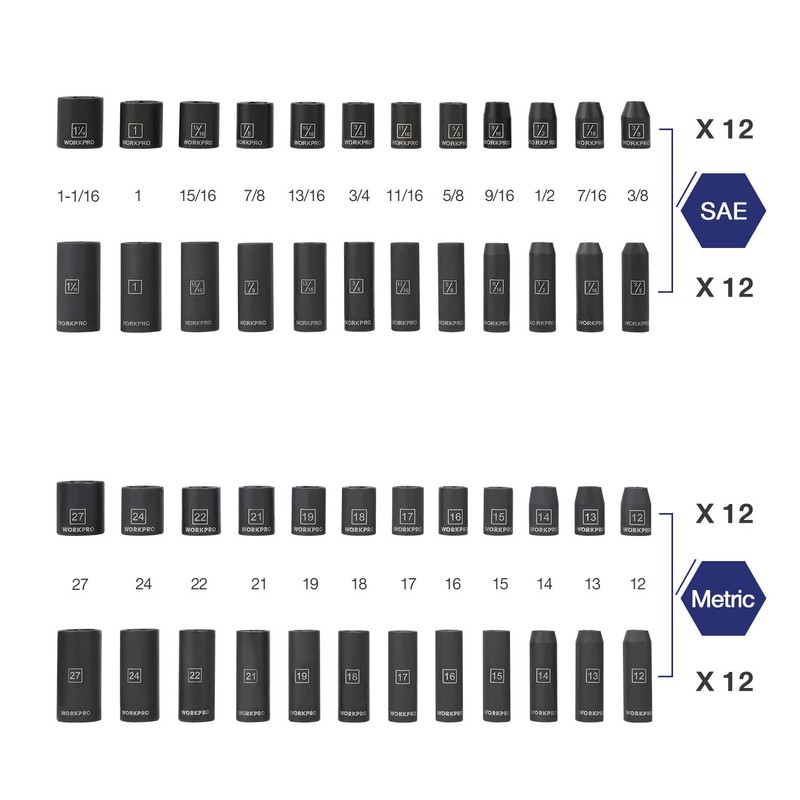WORKPRO 1/2" Drive Impact Socket Set with Extension Bars, Premium