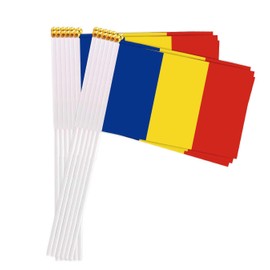25 Packs Small Romania Flags on Handheld Stick，Miniature Romanian Flag for Outside,4x6 Inch Mini Hand Held Banner with Golden Topper,Patriotic Decorations