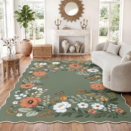 Washable Scalloped Area Rug, Green Floral, 5'x7'