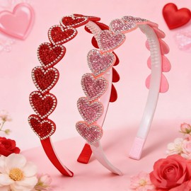 SeBneny 2 PCS Heart Headbands for Women, Valentine's Day Headband, Pink Red Rhinestone Hair band Glitter Love Hairbands, Party Wedding Valentines Non Slip Hair Accessories for Girls