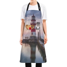 FRCSDIY Lakeside Lighthouse Adjustable Bib Apron,Waterdrop Resistant with 2 Pockets Kitchen Aprons for Cooking Baking