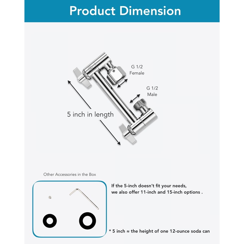 5 Inch Adjustable Shower Head Extension Arm, With Locking Set