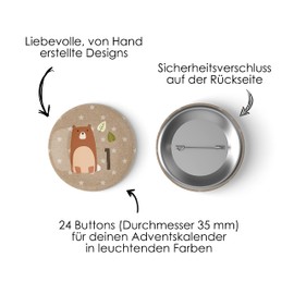 Papierdrachen 24 Advent Calendar Number Buttons 35 mm – Lapel Pins for Decorating Advent Calendars – with Numbers from 1-24 – Forest Animals – Ideal for Fabric Bags, Bags and Bags