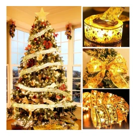 Listón Dorado Liston Navideño Decorativo  Con Luces Led 5 Metros 2pzs