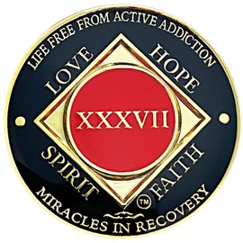 Simply Minimal NA 31-40 Years Medallions, Narcotics Anonymous Coins, Gold Color Plated Recovery Token (37 Year Red, Black, Gold)
