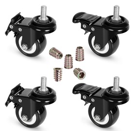 8T8 2 Inch Caster Wheels With Brake, PU Casters Set of 4, Heavy Duty, 3/8”-16x1”(Screw Diameter 3/8", Length 1") Threaded Stem Swivel Casters, Mount Industrial Castors, Multi Nuts Choice