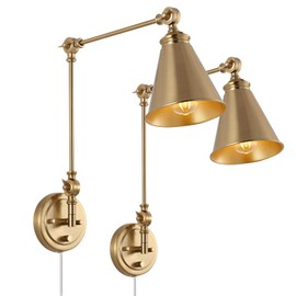 WINGBO Gold Swing Arm Wall Lamp Set of 2, Modern Adjustable Wall Mounted Sconce, Warm Brass Finish