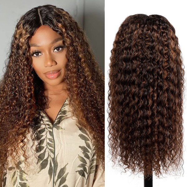 Lovenea Highlight 13x4 Deep Wave Curly Lace Front Wigs Human Hair 14 Inch Ombre Curly Lace Front Human Hair Wigs 180% Density Human Hair Wigs With Baby Hair for Black Women FB30 Color (14 Inch)