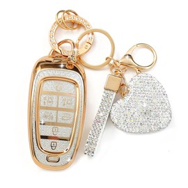 Simocky Fit for Hyundai Key Fob Cover with Diamond Keychain, Compatible with Hyundai 2024 2023 2022 Sonata Santa Fe Nexo Tucson Palisade Smart Key Protector for Women (7 Buttons, Gold)