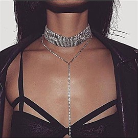 Bufenia Rhinestone Choker Necklace Jewelry Adjustable Crystal Collar Pendant Long Necklaces Silver Chokers for Women and Girls