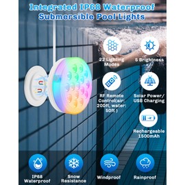 Pool Lights, Upgraded Solar Submersible LED Lights with Remote, 4.55 Inch USB Rechargeable IP68 Waterproof Underwater Light RGB 22 Colors Changing Solar Pool Light with Magnet for Hot Tubs 1 PACK