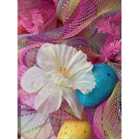 Pastel Plaid Easter Egg Deco Mesh Ribbon Wreath With White Flowers