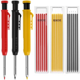 QWORK® Pack of 3 Carpenter's Pencil with 18 Pencil Leads, Deep Hole Marker with Built-in Sharpener, Drill Hole Marker on Wood, Metal, Concrete Tiles (Red, Yellow, Black)