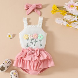 Afunbaby Newborn Baby Girl Outfit Summer Flower Embroidered Sleeveless Romper Shirt Onesie Waffle Knit Shorts Clothes Set (Floral embroidered, 0-3 Months)